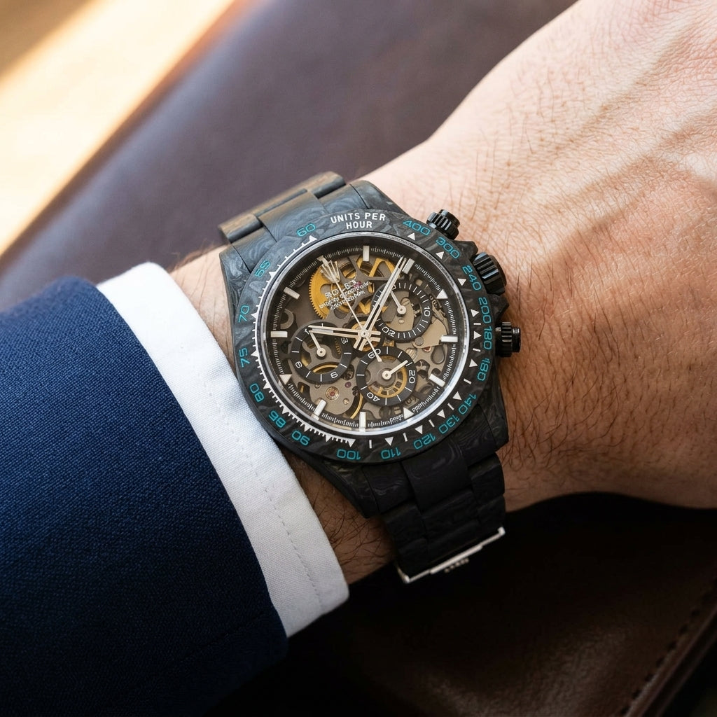 Carbon skeleton chronograph worn under a suit cuff
