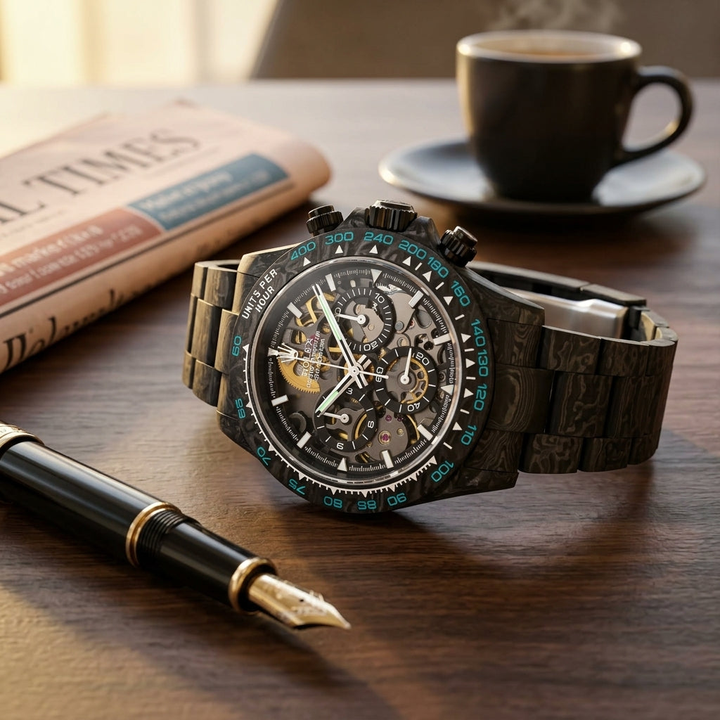Forged carbon skeleton chronograph with cyan bezel numerals on a dark walnut desk beside a fountain pen