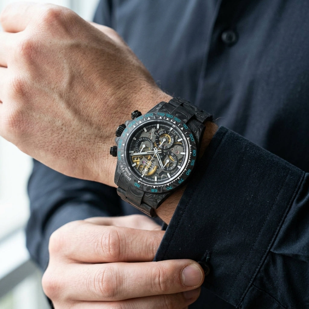 Forged carbon skeleton chronograph with cyan bezel numerals on the wrist as a shirt cuff is fastened