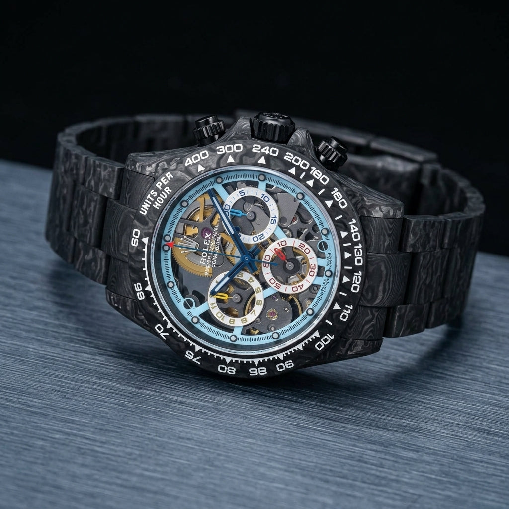 Carbon skeleton chronograph at a three-quarter angle on dark slate