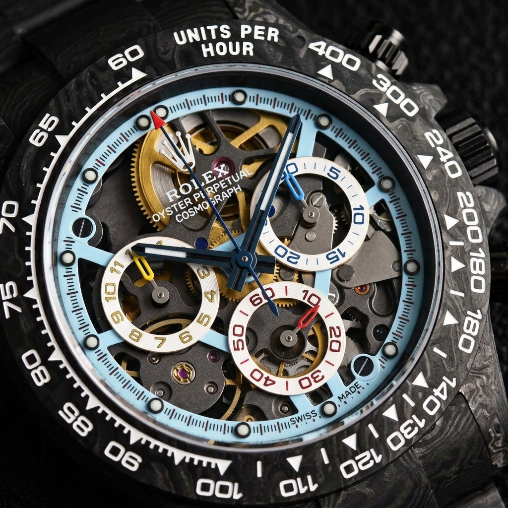 Macro of the skeletonised movement and the tachymeter bezel