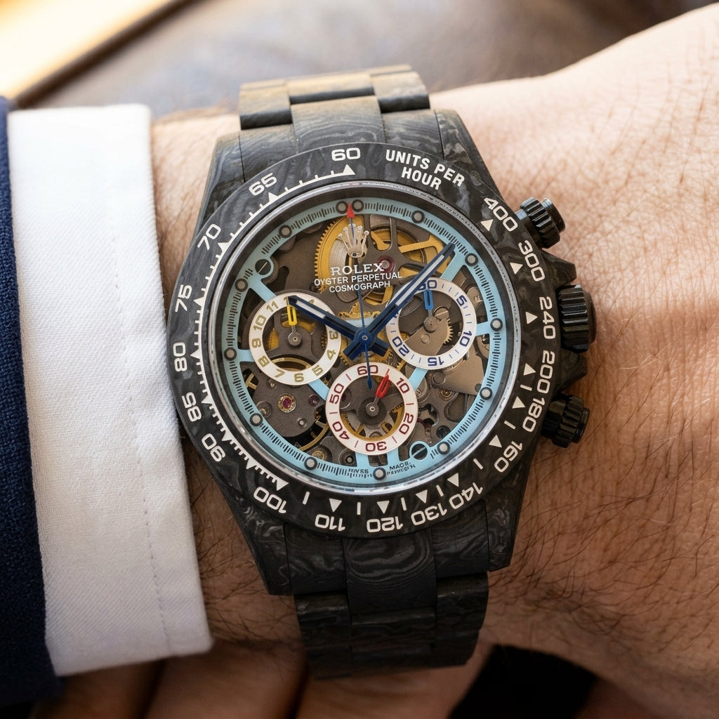Carbon skeleton chronograph worn under a suit cuff