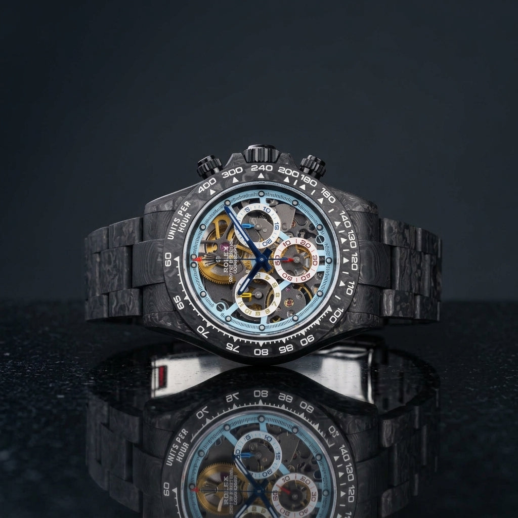Carbon skeleton chronograph worn under a suit cuff