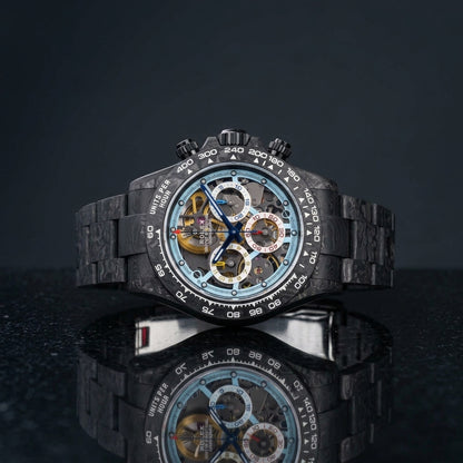 Carbon skeleton chronograph worn under a suit cuff