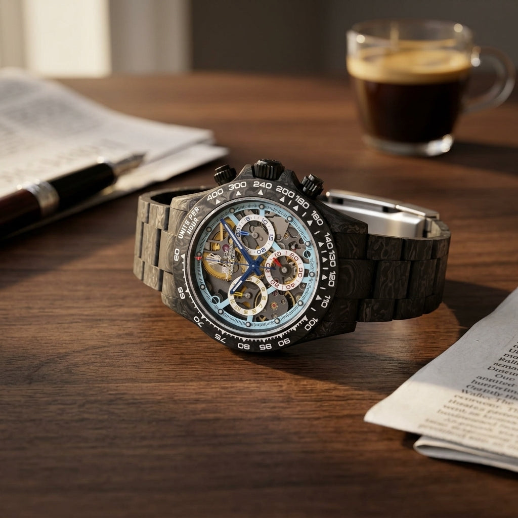 Forged carbon skeleton chronograph with ice-blue framing on a dark walnut desk beside a fountain pen