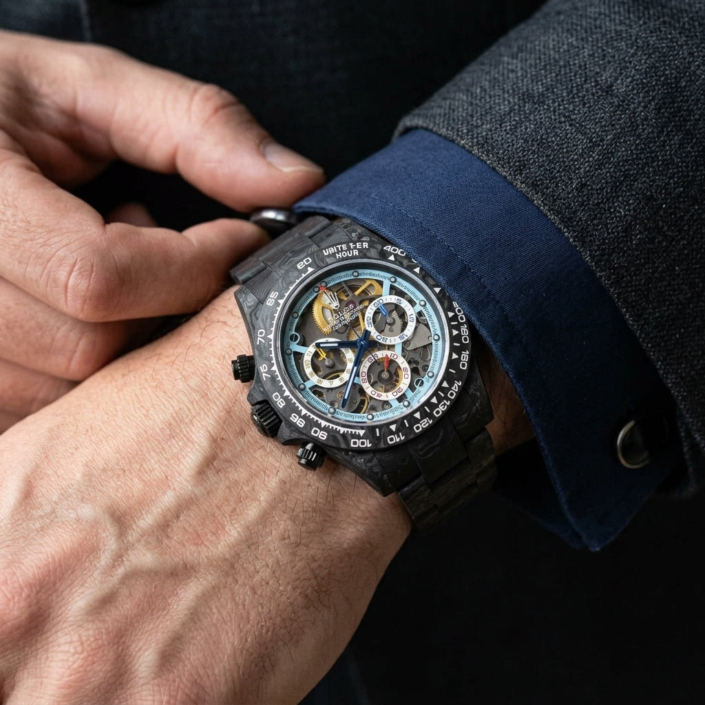 Forged carbon skeleton chronograph with ice-blue framing on the wrist as a shirt cuff is fastened