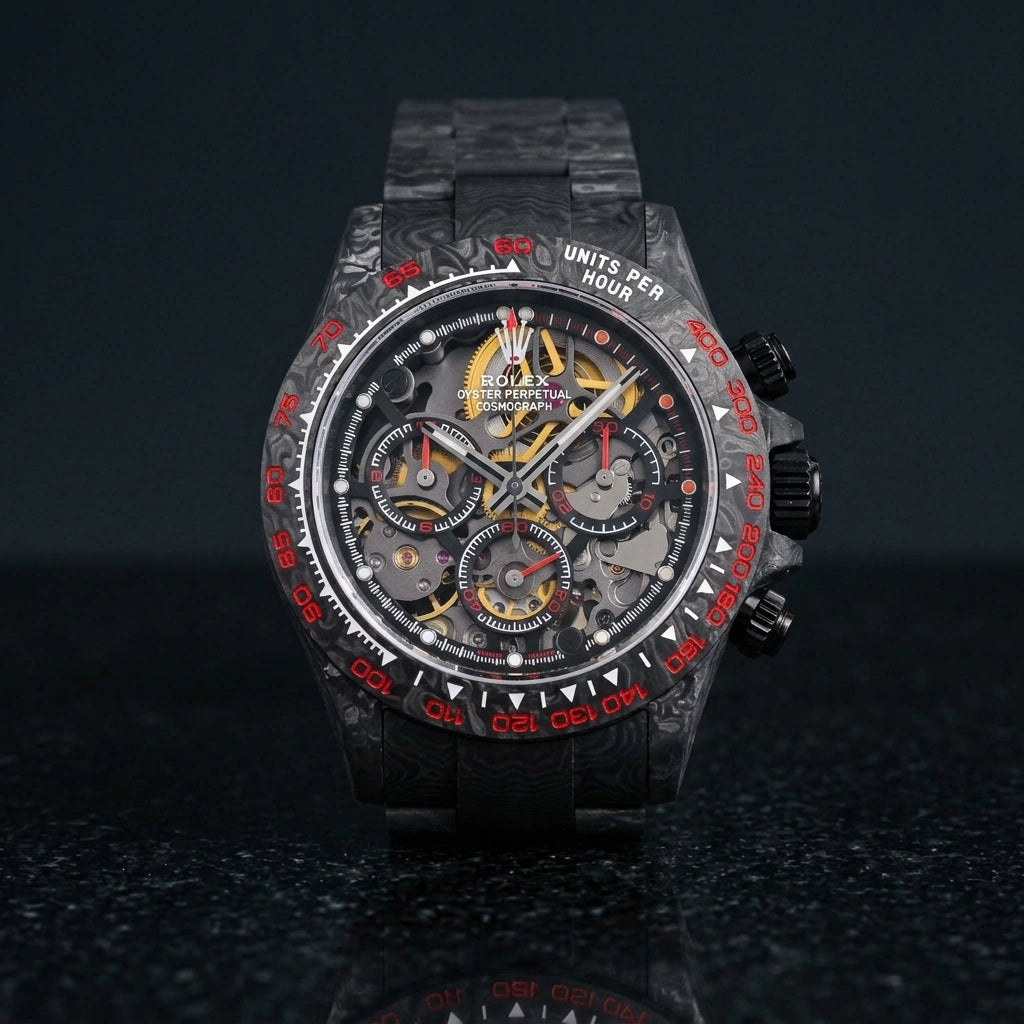 Forged carbon skeleton chronograph with red bezel numerals on black granite