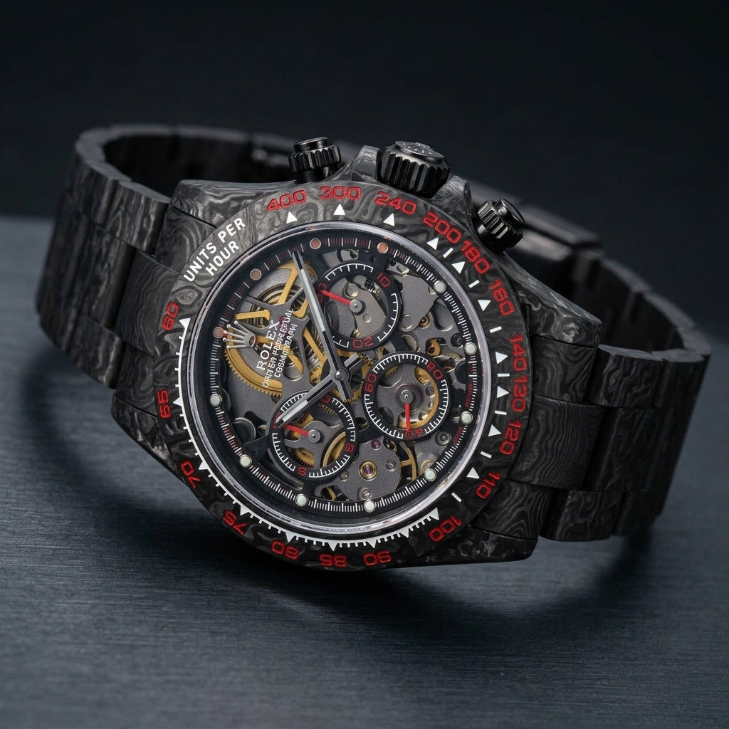 Carbon skeleton chronograph at a three-quarter angle on dark slate