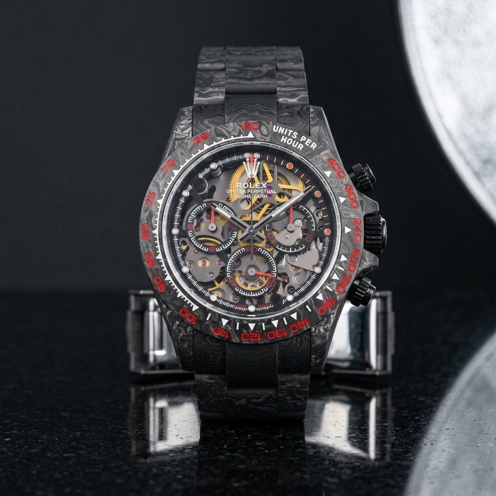 Carbon skeleton chronograph worn under a suit cuff