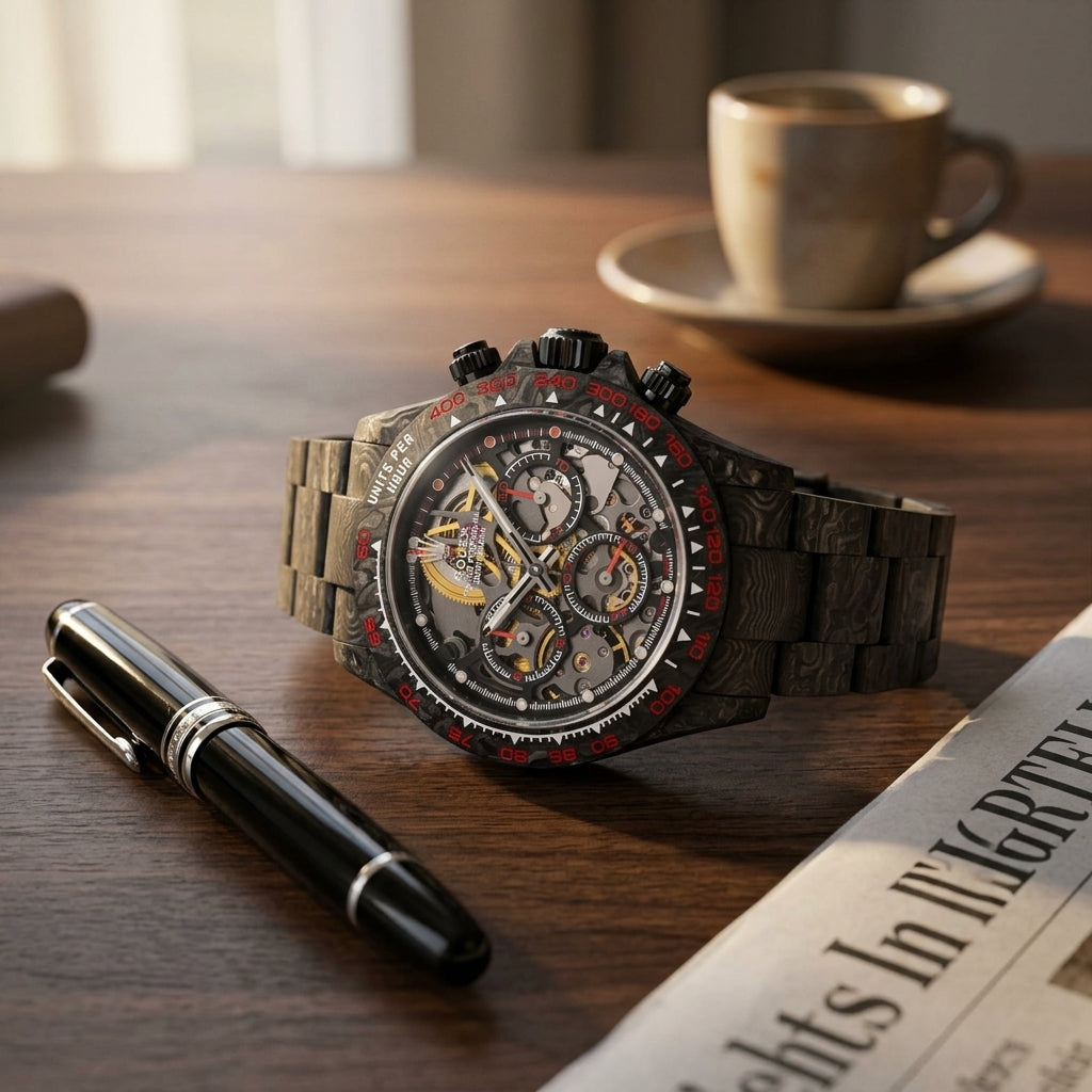 Forged carbon skeleton chronograph with red bezel numerals on a dark walnut desk beside a fountain pen