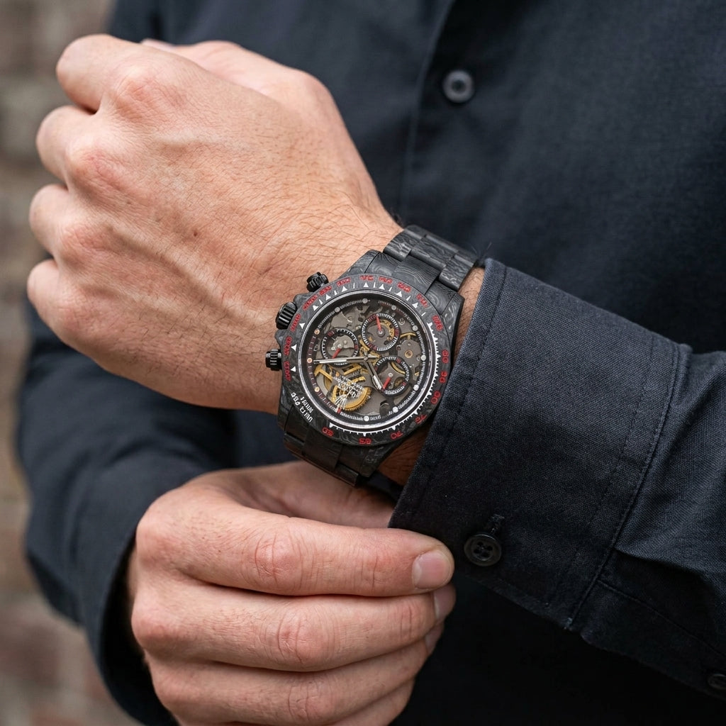 Forged carbon skeleton chronograph with red bezel numerals on the wrist as a shirt cuff is fastened