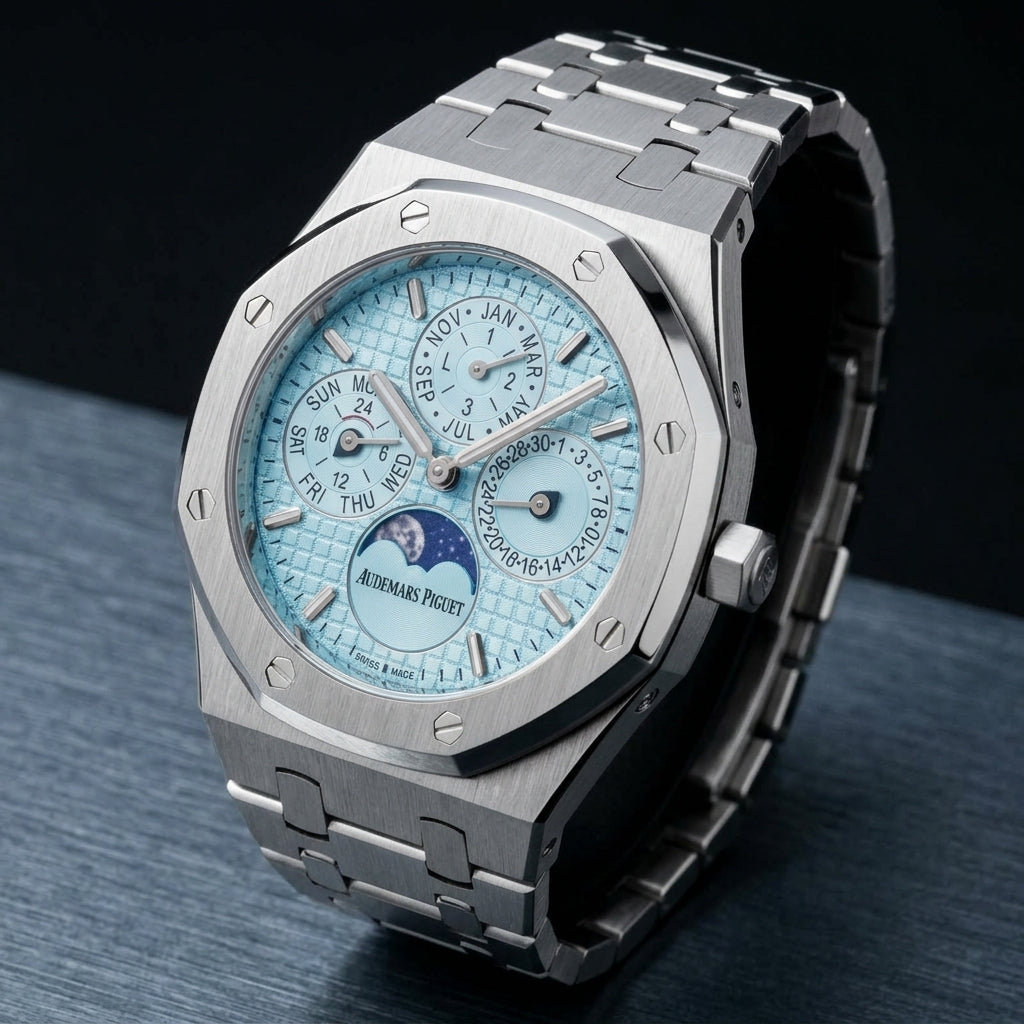 Octagonal calendar watch at a three-quarter angle on dark slate