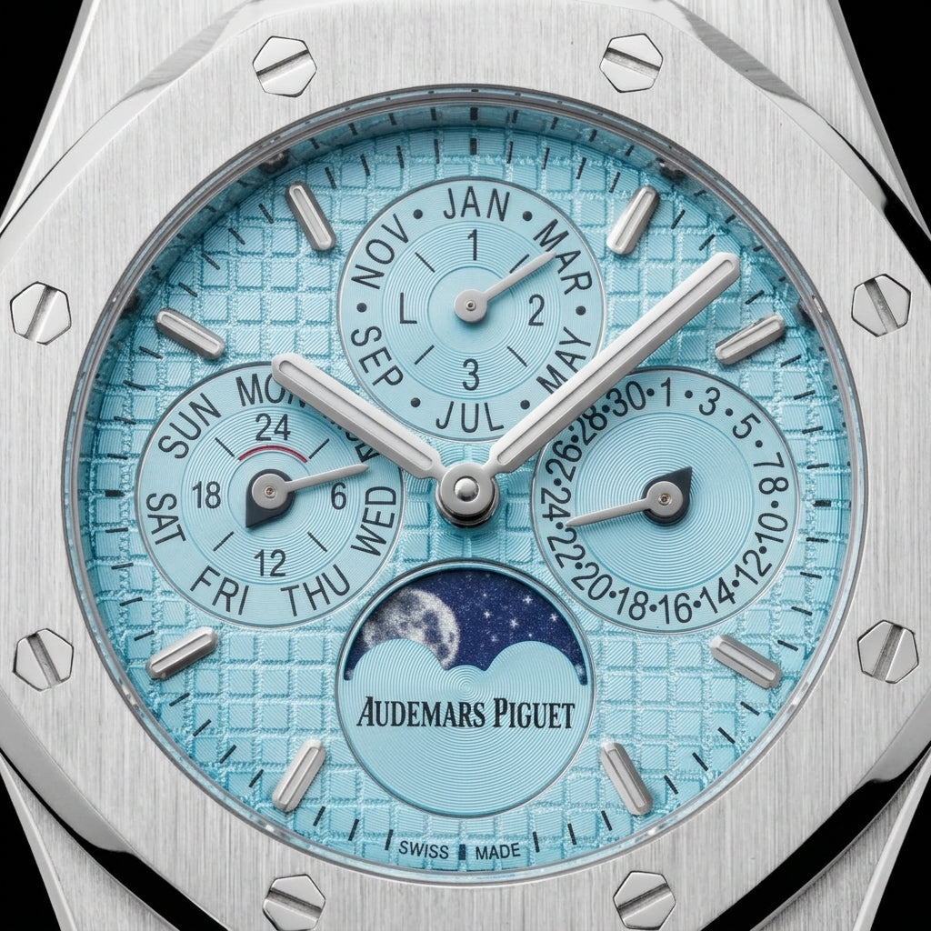 Macro of the ice blue chequered dial, calendar sub-dials and moonphase