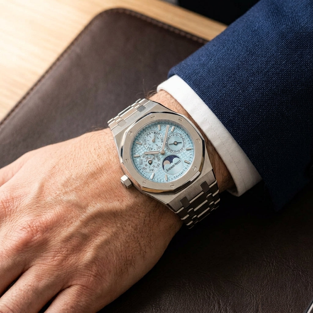Octagonal perpetual calendar watch worn under a navy suit cuff