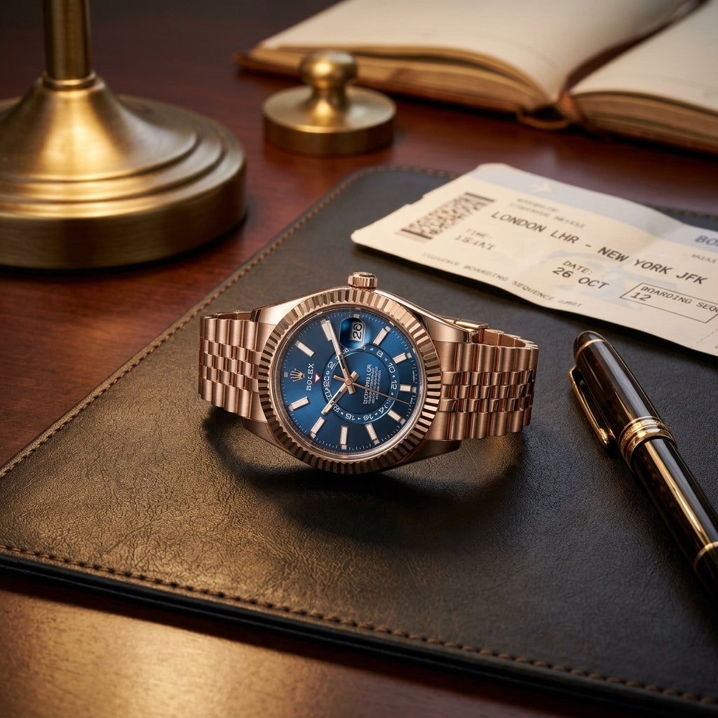 Solid rose-gold watch with deep blue dial and fluted bezel on a Jubilee bracelet