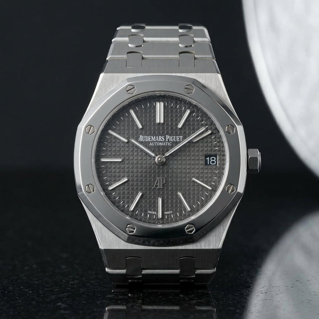 Extra-thin steel octagonal sports watch with a slate tapisserie dial on pale stone