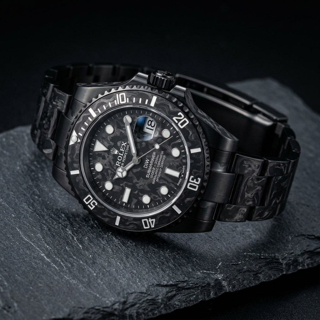 Forged carbon Submariner at a three-quarter angle on dark slate