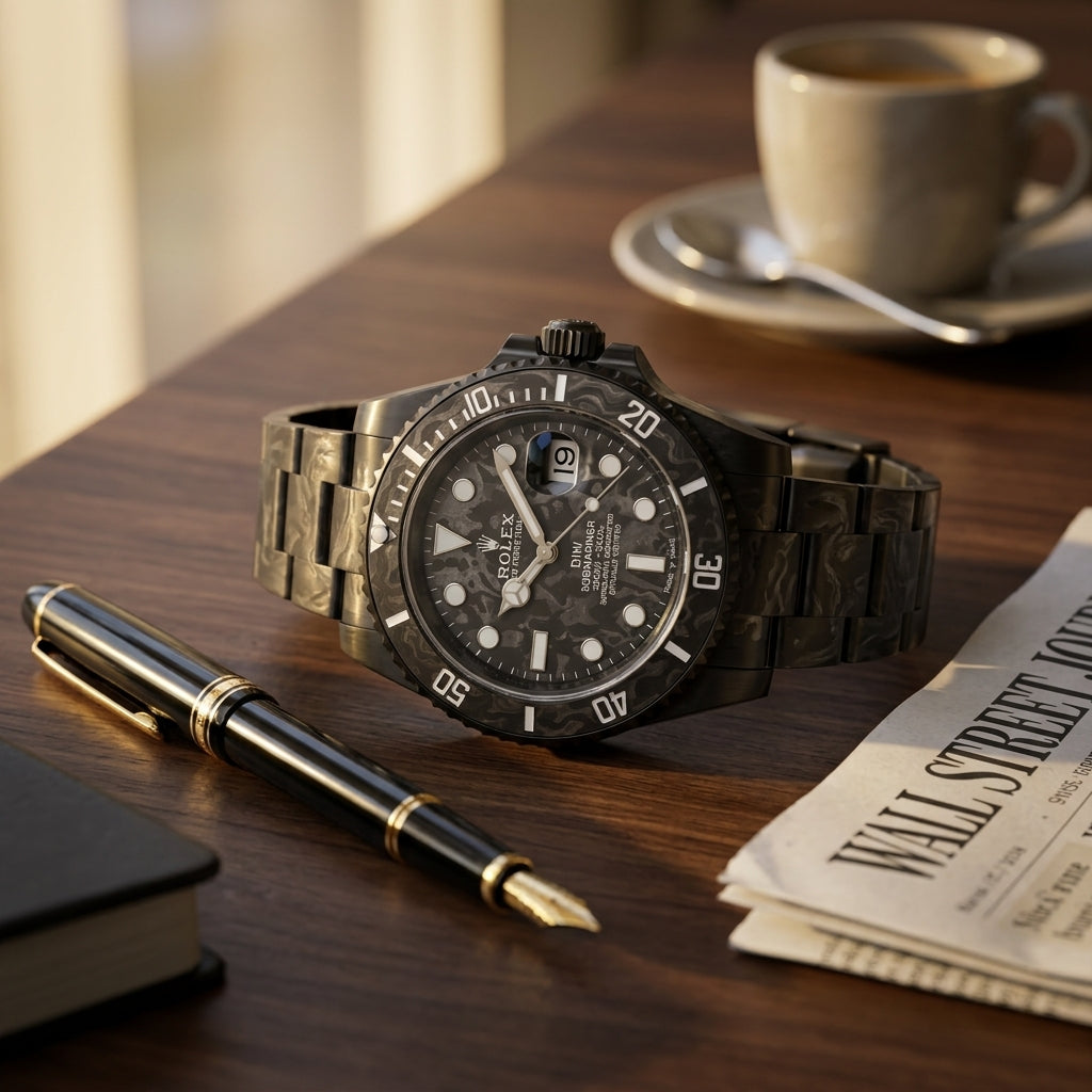 All-black forged carbon dive watch on a dark walnut desk beside a fountain pen