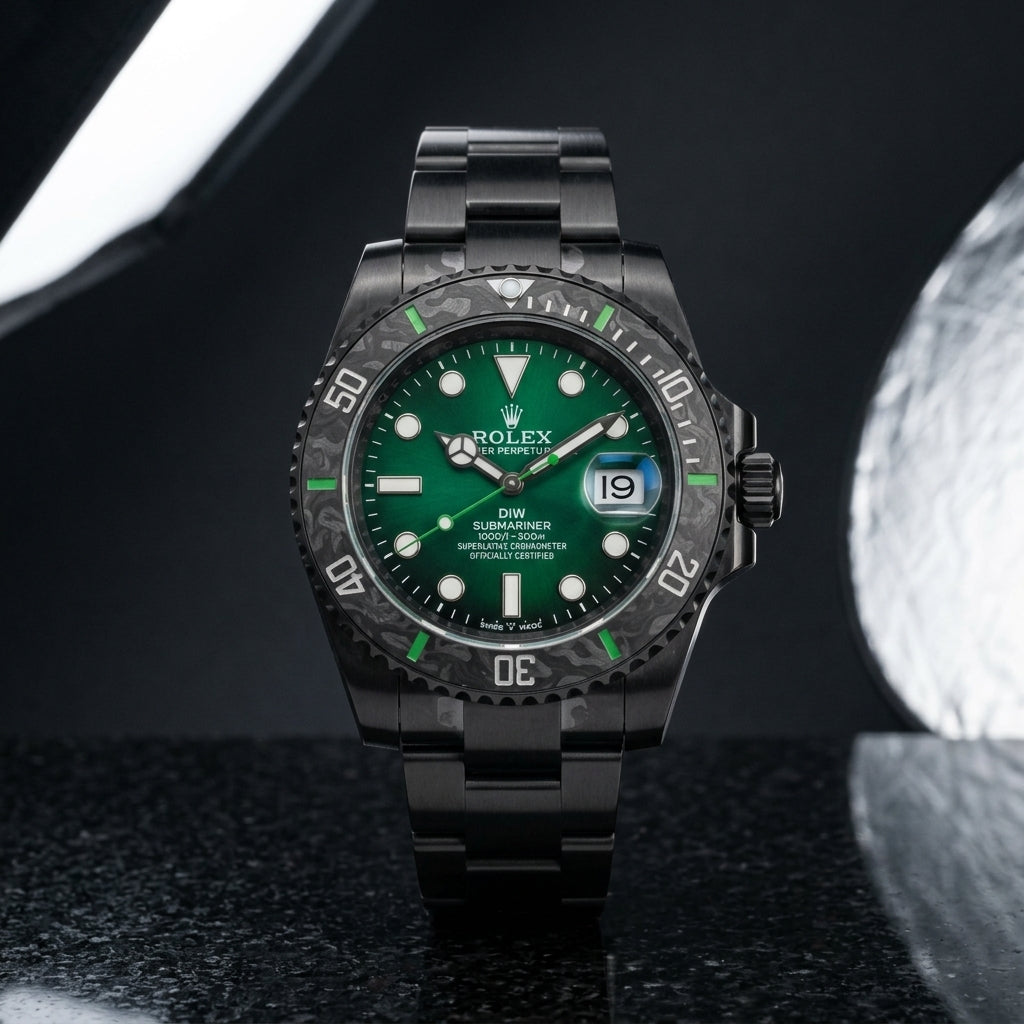 Green dial forged carbon dive watch on black granite