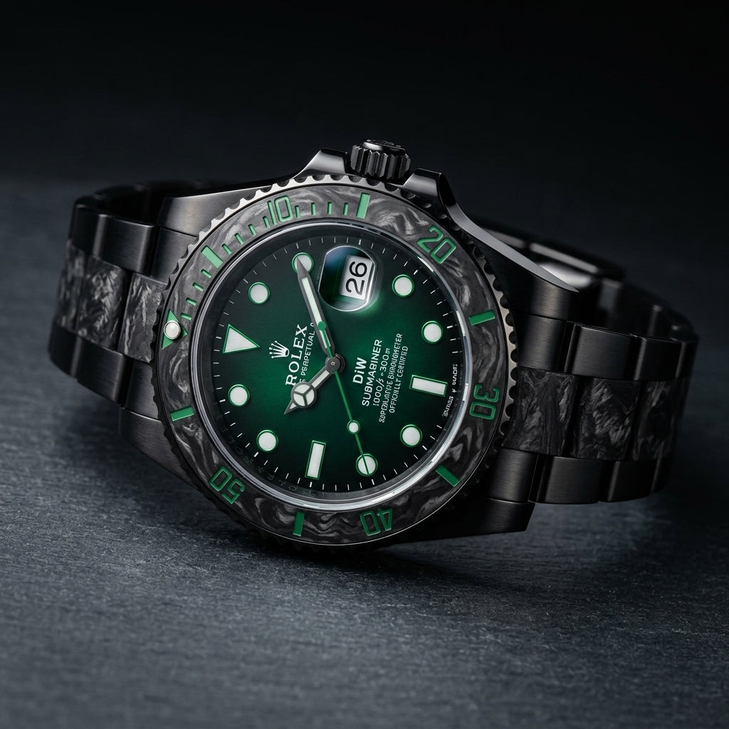 Green and carbon dive watch at a three-quarter angle on dark slate
