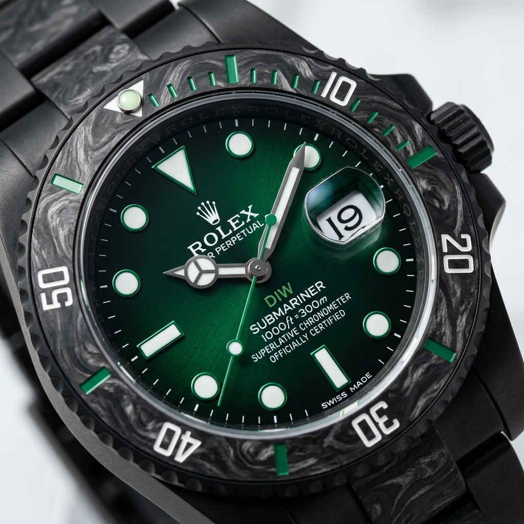 Macro of the green gradient dial and carbon dive bezel