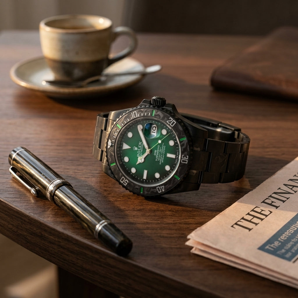 Green dial forged carbon dive watch on a dark walnut desk beside a fountain pen