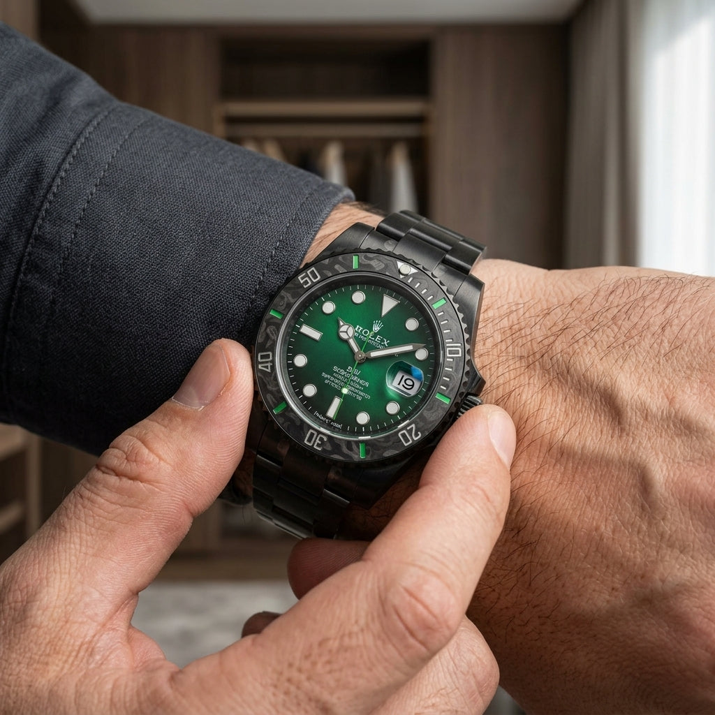 Green dial forged carbon dive watch on the wrist as a shirt cuff is fastened