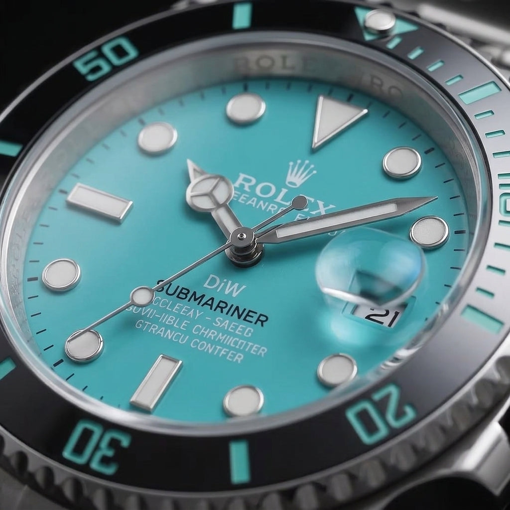 Macro of the turquoise dial with white luminous markers, the magnified date and the black bezel's turquoise numerals