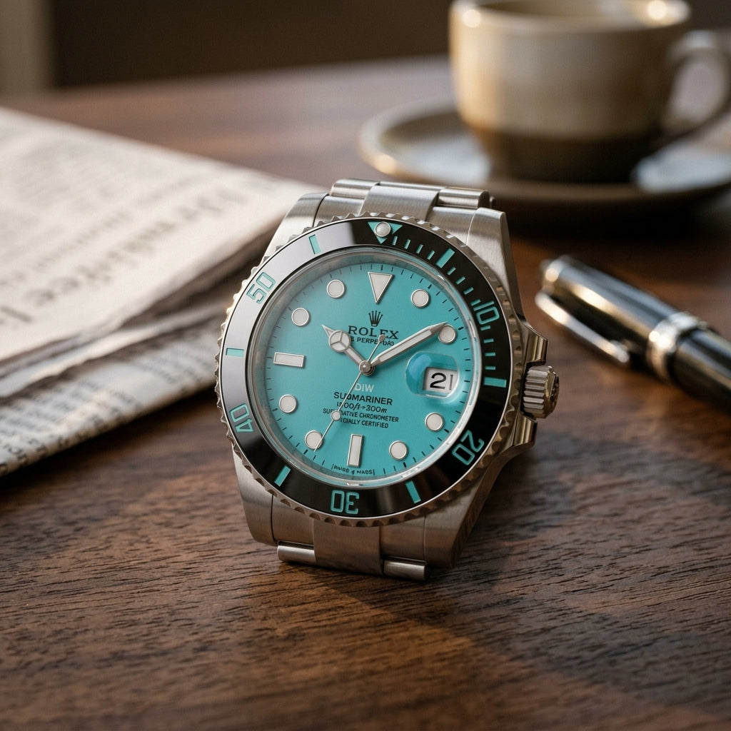 Steel dive watch with a turquoise dial and a black bezel on a dark walnut desk beside a fountain pen