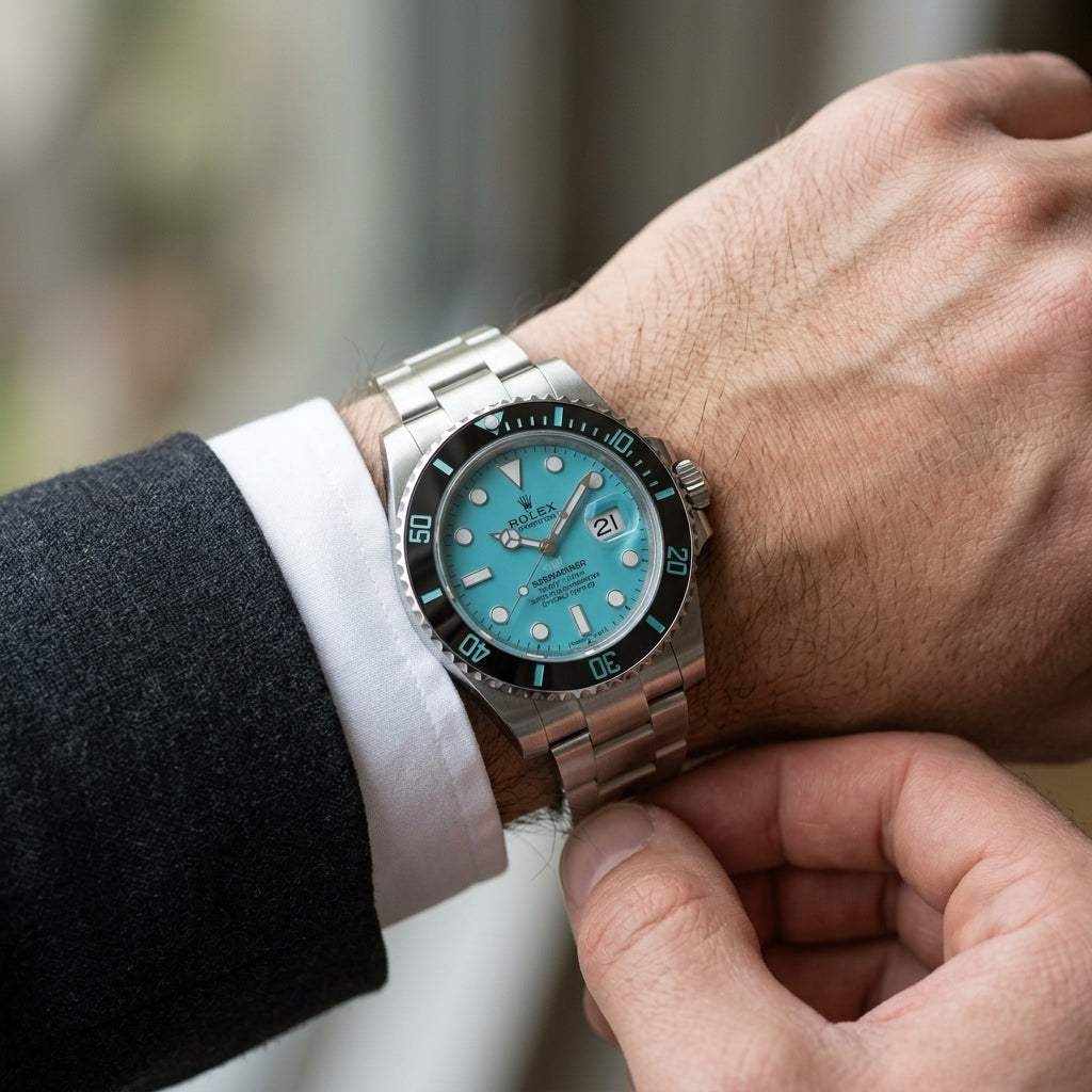 Steel dive watch with a turquoise dial on the wrist as a shirt cuff is fastened