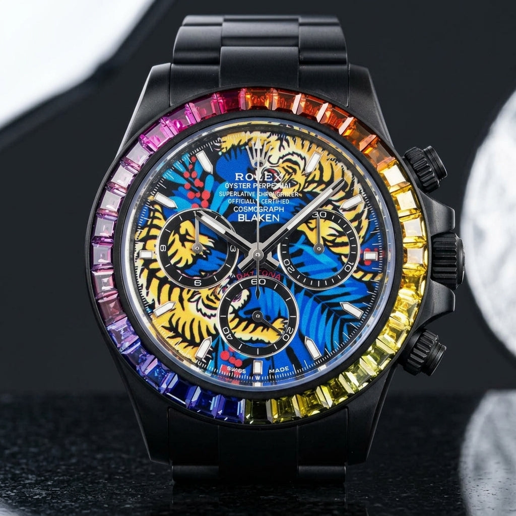 Black DLC chronograph with a yellow-and-blue tiger dial and a rainbow baguette bezel, standing upright on polished black granite
