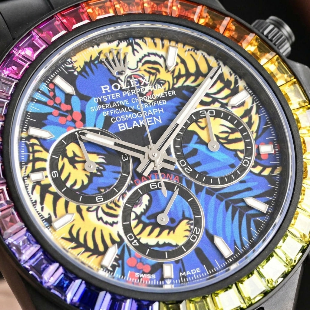 Macro of the painted dial: yellow black-striped tigers, royal-blue and cyan palm fronds and red berries under polished steel hands