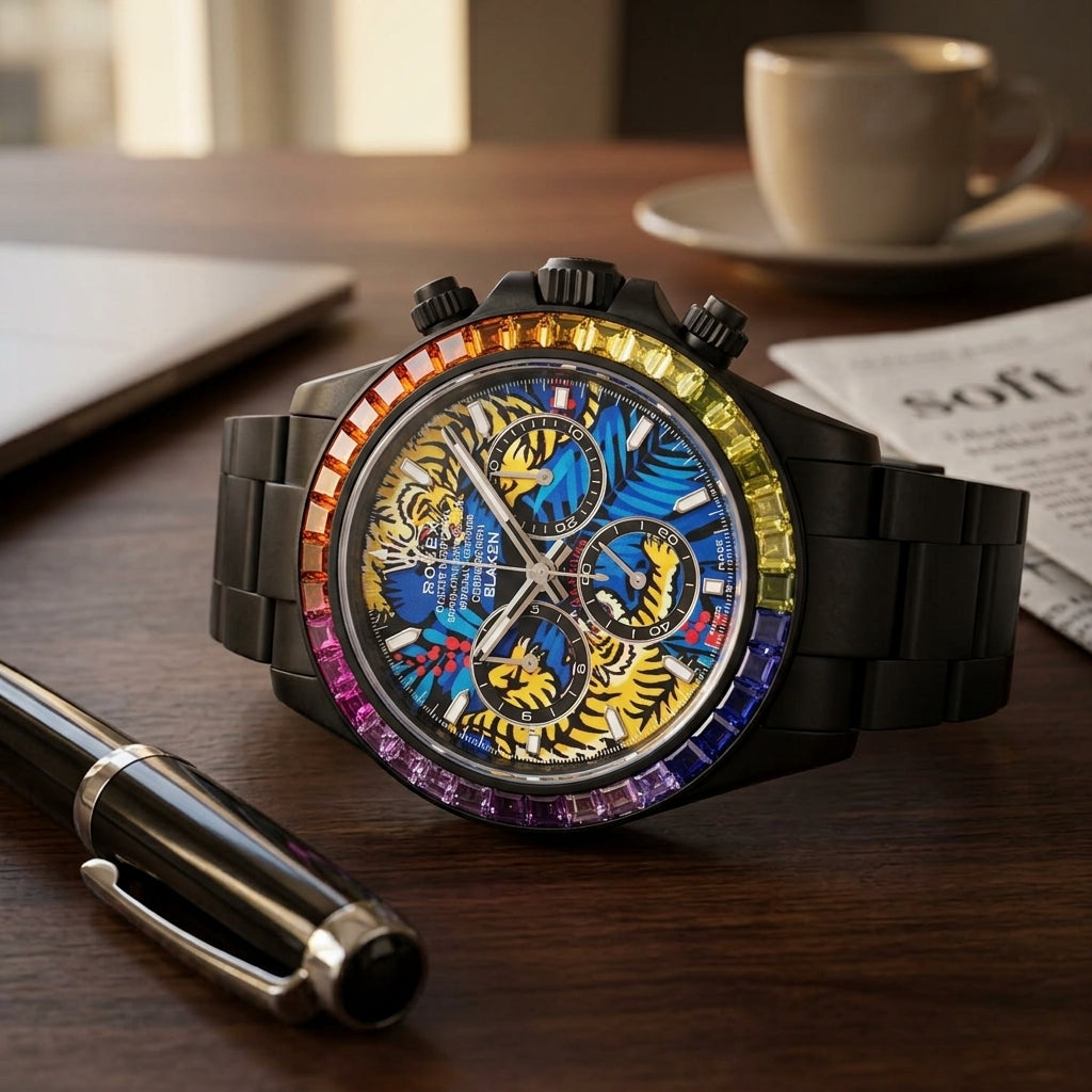 Black DLC chronograph with a tiger dial and rainbow stone bezel on a dark walnut desk beside a fountain pen