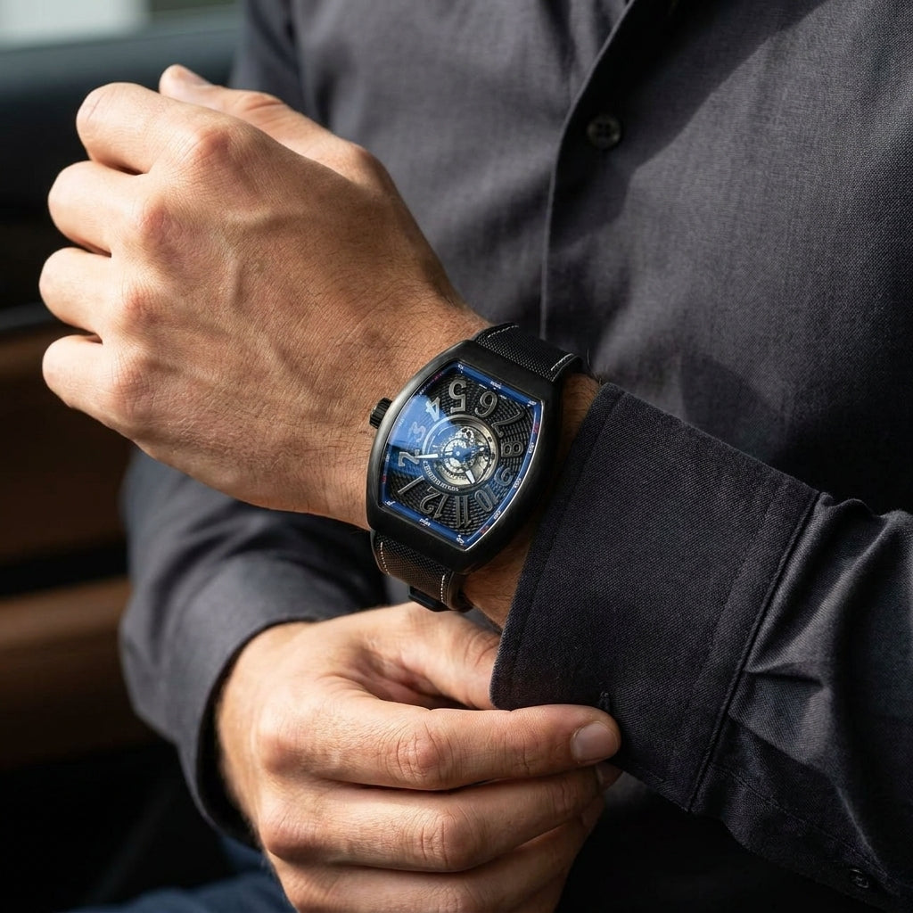 Open Tourbillon Watch — Blue Guilloché, Tonneau Case — editorial photograph