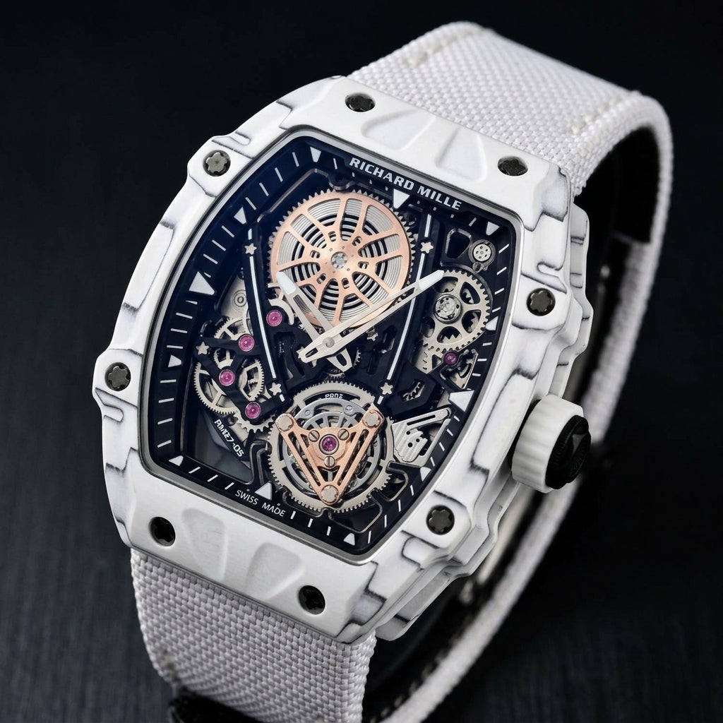 All-white carbon skeleton watch at a three-quarter angle on dark slate, grey layer lines across its curved bezel
