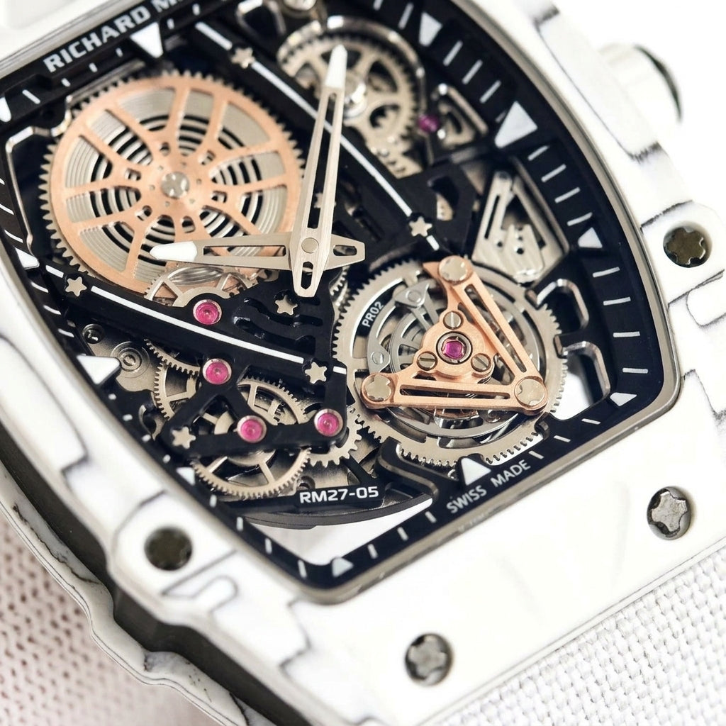 Macro of the open skeleton dial inside the white case: rose-gold spoked wheel, pink jewels and the tourbillon-style cage at six