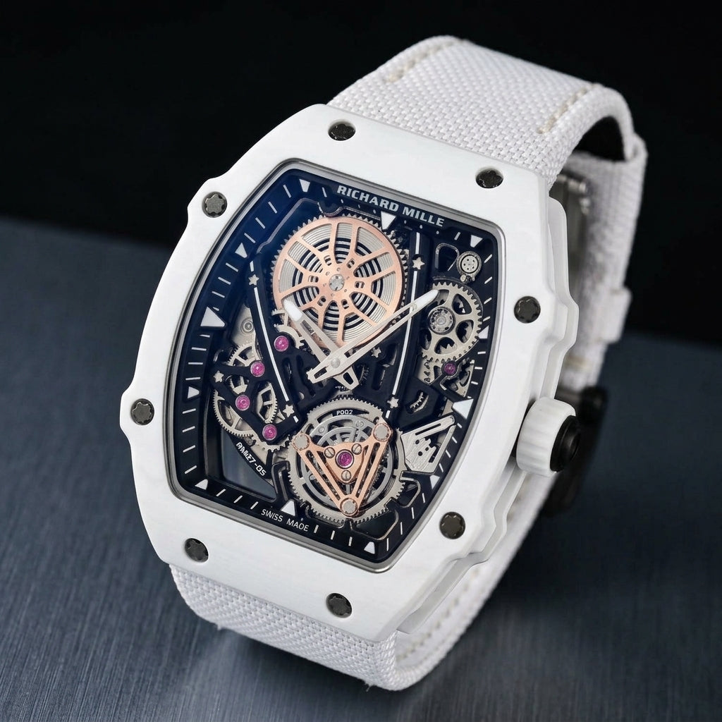 All-white carbon skeleton tourbillon watch on a white woven strap, worn on the wrist below a navy suit cuff