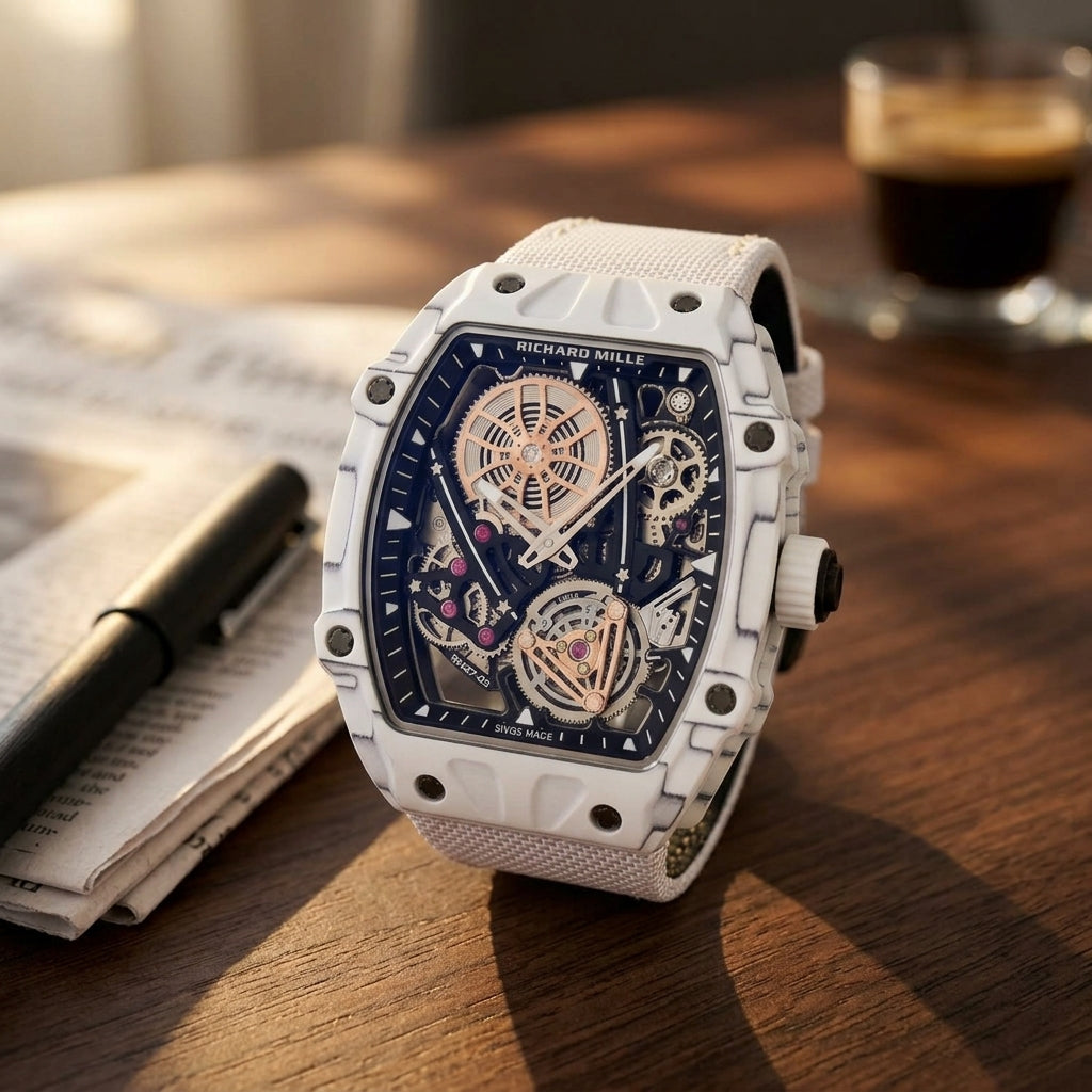 All-white carbon skeleton tourbillon watch on a dark walnut desk beside a fountain pen