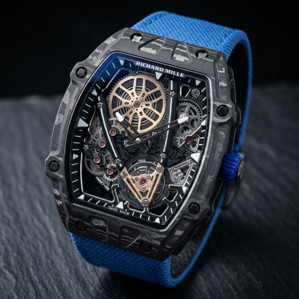 Black carbon skeleton watch at a three-quarter angle on dark slate, grey-silver grain across the bezel and a ribbed blue crown