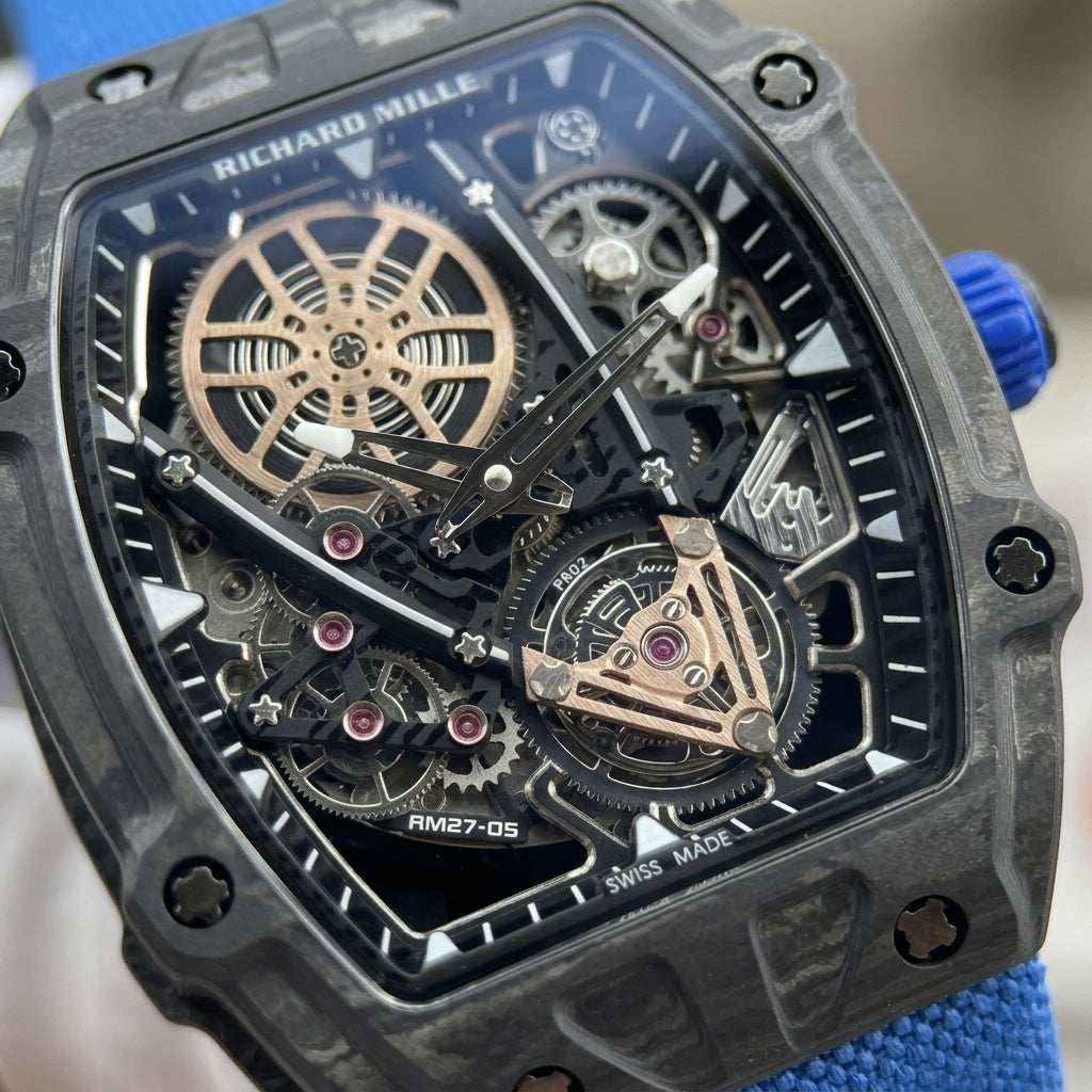 Macro of the open skeleton dial: the rose-gold spoked wheel at the upper left, pink jewels, and the flying tourbillon at six under a rose-gold bridge