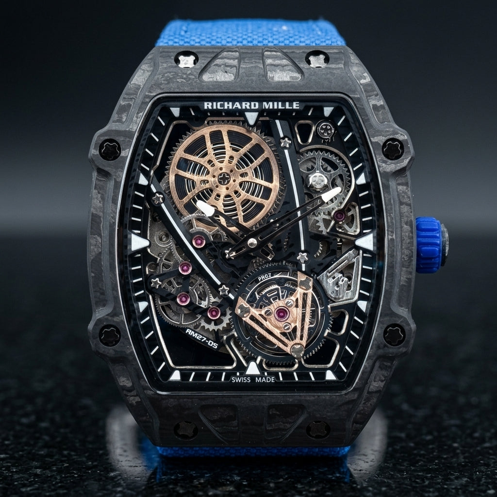 Black carbon flying tourbillon watch on a blue woven strap, worn on the wrist below a navy suit cuff