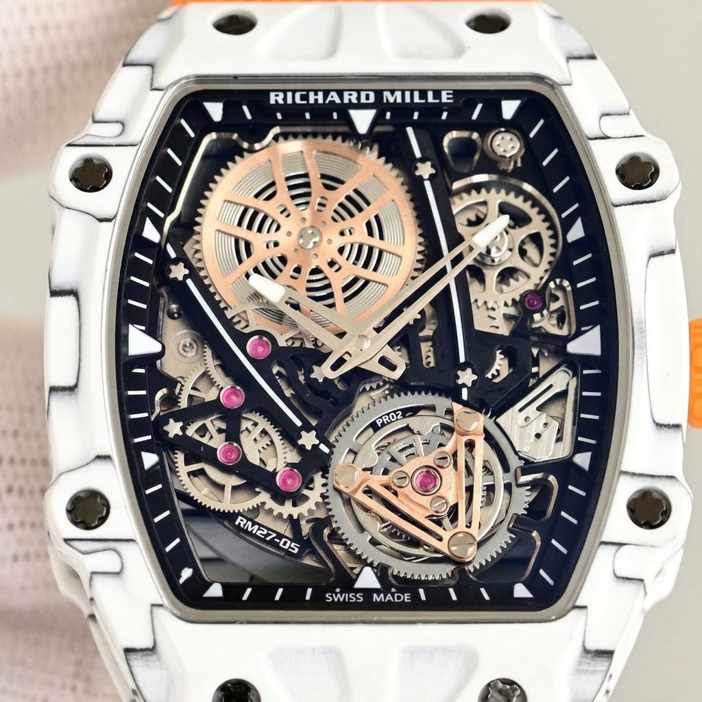 Macro of the open skeleton dial: the rose-gold spoked wheel at the upper left, pink jewels, and the tourbillon-style cage at six under a rose-gold bridge