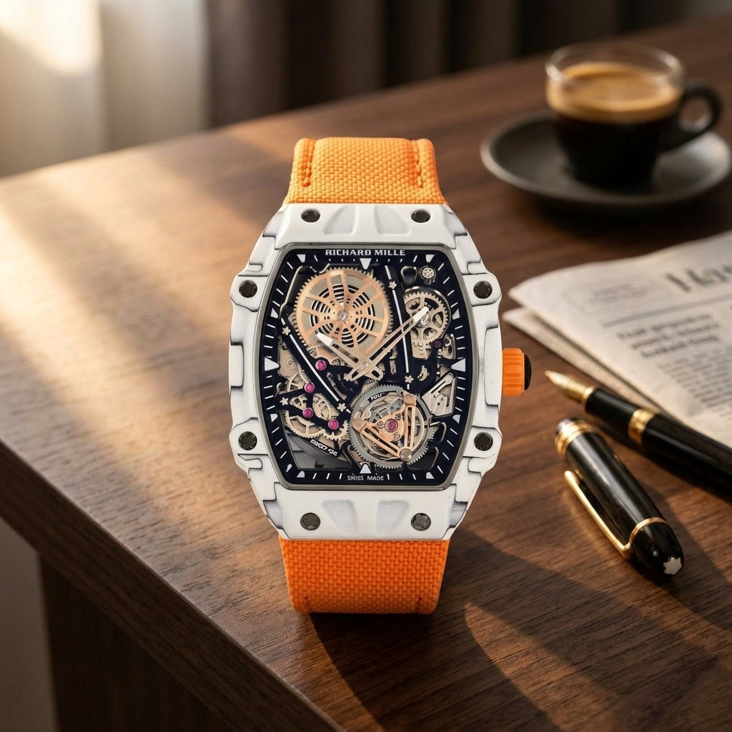 White carbon skeleton tourbillon watch with an orange strap on a dark walnut desk beside a fountain pen