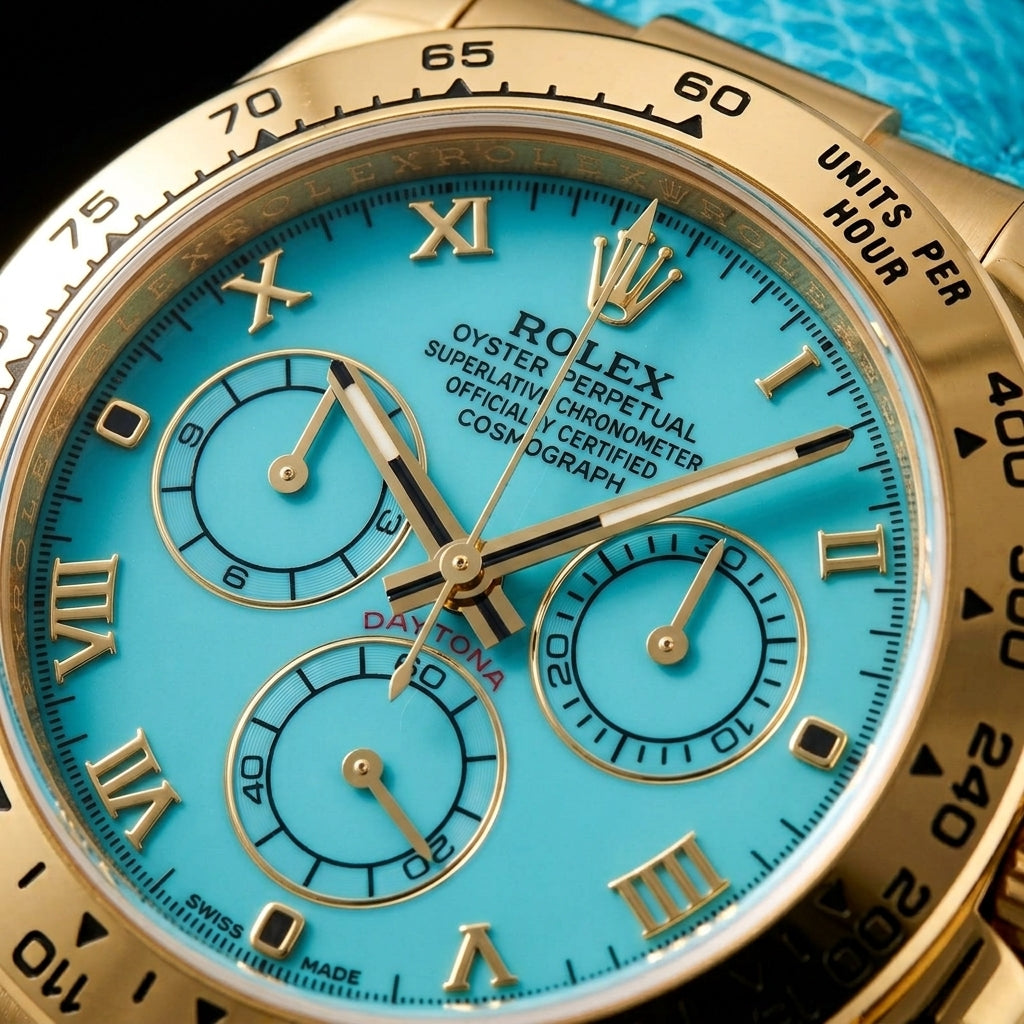 Macro of the turquoise dial, its gold Roman numerals, three turquoise counters ringed in gold and the black tachymeter scale