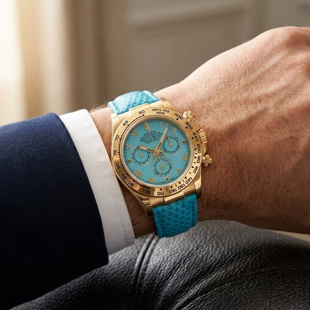 Gold-tone chronograph with a turquoise dial on a turquoise lizard-grain strap, worn on the wrist below a navy suit cuff