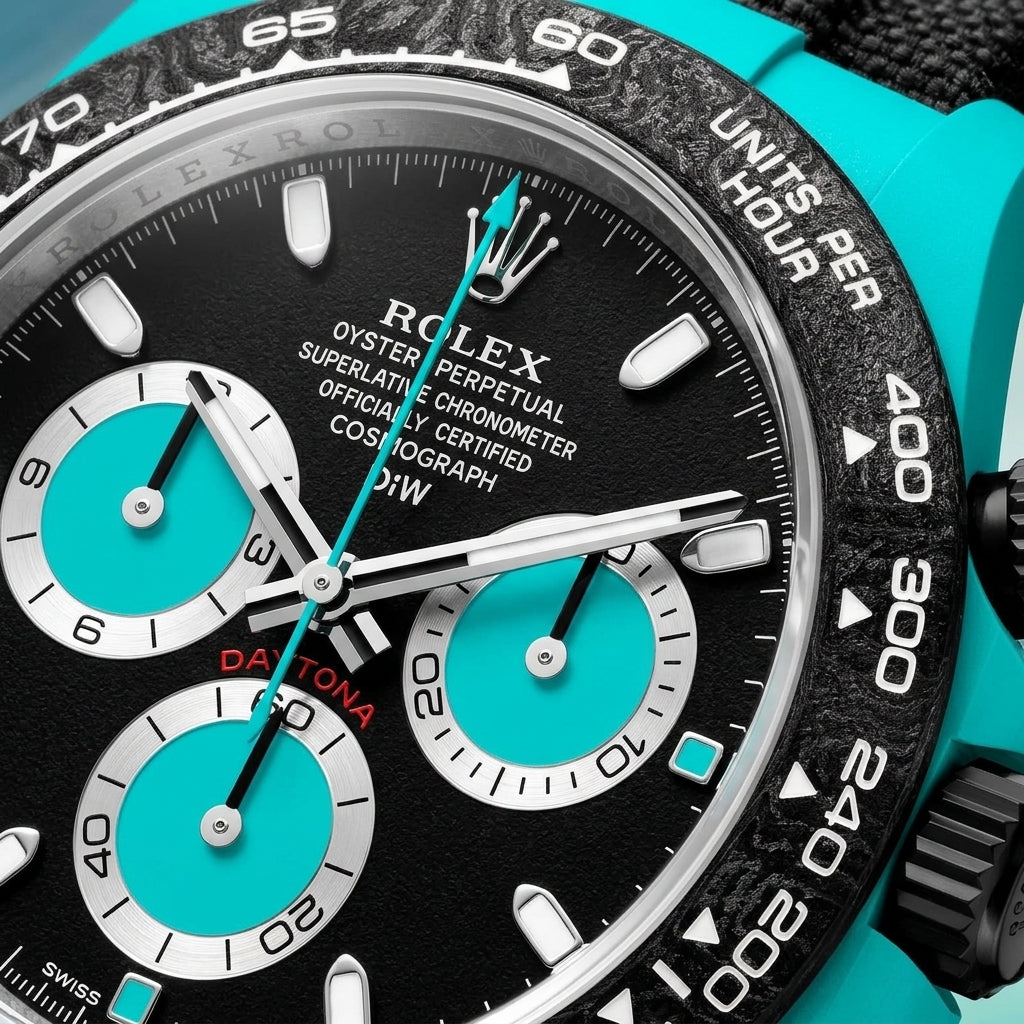 Macro of the black dial, its white chapter ring and the three turquoise-centred counters