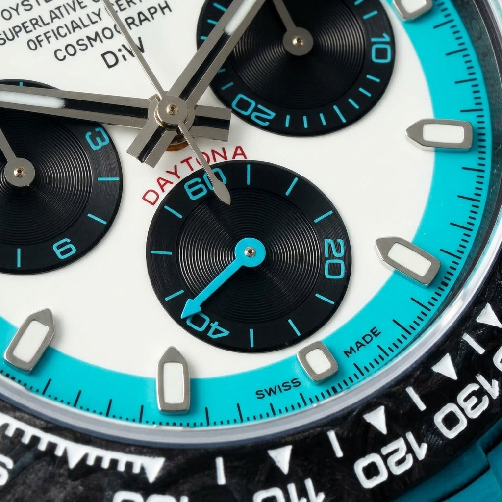 Macro of the white dial, its turquoise chapter ring and the three black counters