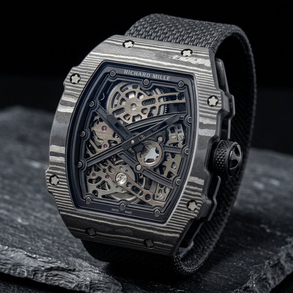 Black carbon tonneau watch at a three-quarter angle on dark slate, the wavy grey layers of the case beside the black dotted crown