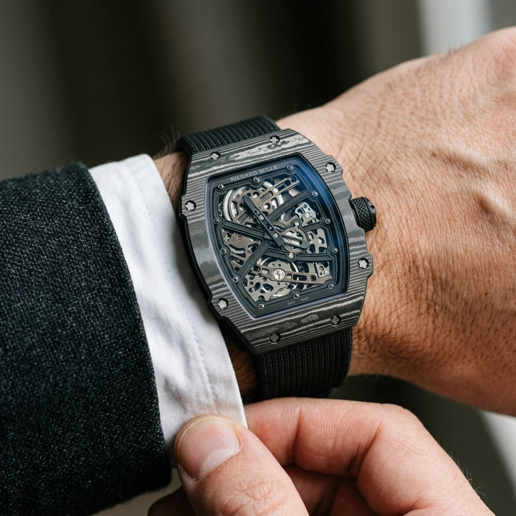 Black carbon tonneau watch with an open dial on the wrist as a shirt cuff is fastened