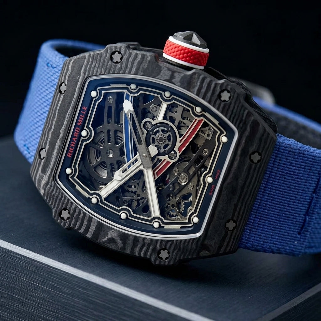 Black carbon tonneau watch at a three-quarter angle on dark slate, grey layer waves across the case and a red honeycomb-grip crown